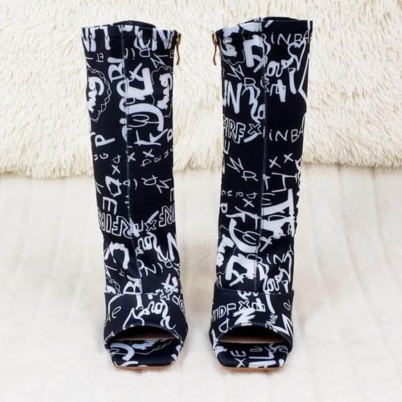 Graffiti Stretch Square Open Toe Ankle Boots - Picture 7 of 9